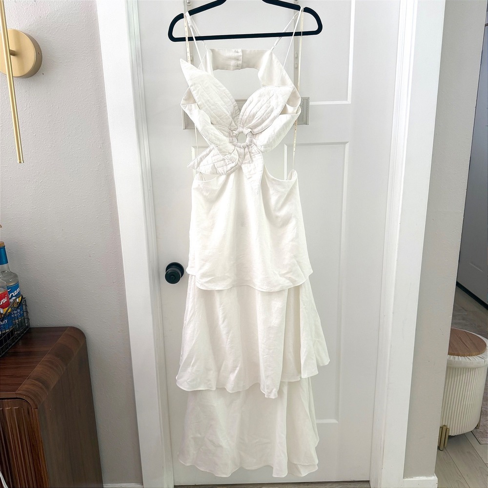 Farm Rio Off-White Flower Maxi Dress Cut-Out Tiered Ruffle L Boho Bridal Resort
